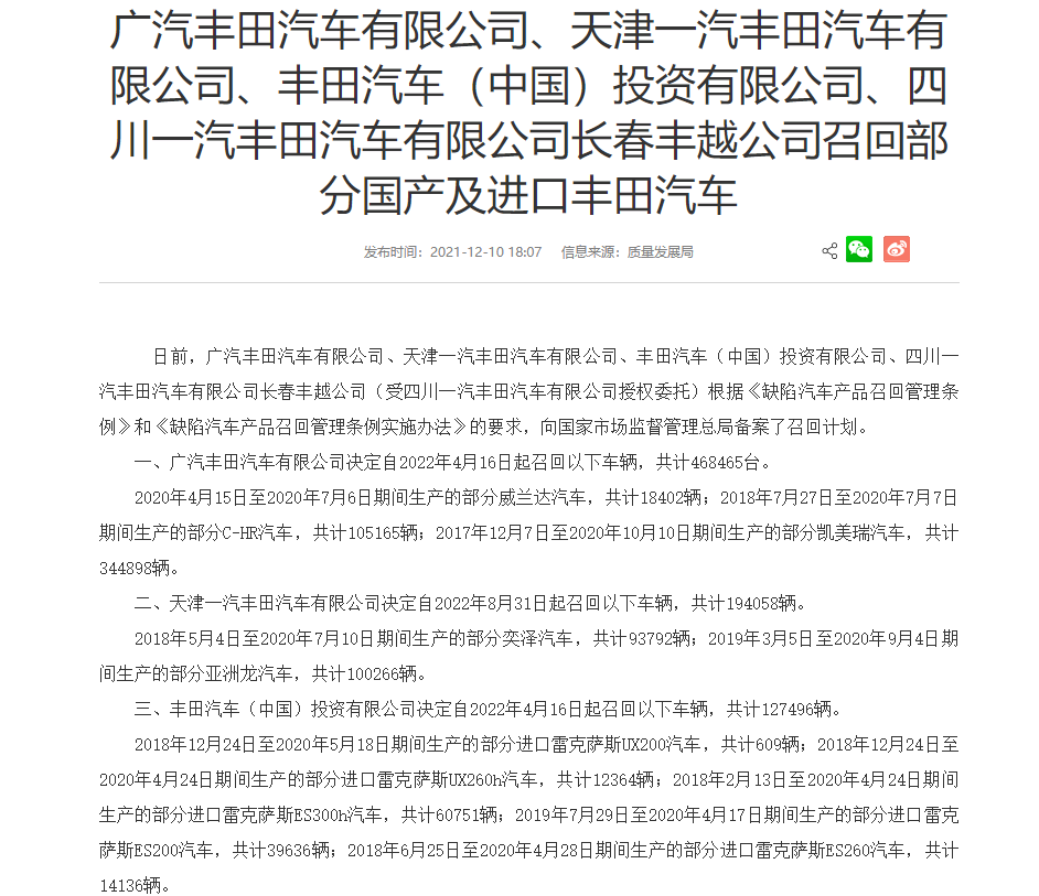 一汽丰田汽车（成都）有限公司长春丰越分公司召回部分国产汽车